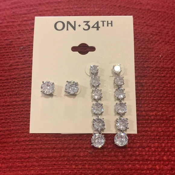 On 34th Silver-Tone 2-piece set. Cubic Zirconia Stud & Linear Drop Earrings. NWT - Picture 2 of 3